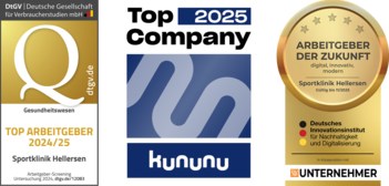 Drei Siegel auf einem Bild, Top Arbeitgeber 2024/25 Sportklinik Hellersen Deutsche Gesellschaft für Verbraucherstudien mbH, Top Company 2025 Kununu, Arbeitgeber der Zukunft Sportklinik Hellersen Deutsches Innovationsinstitut für Nachhaltigkeit und Digitalisierung