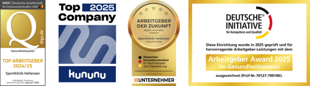 Drei Siegel auf einem Bild, Top Arbeitgeber 2024/25 Sportklinik Hellersen Deutsche Gesellschaft für Verbraucherstudien mbH, Top Company 2025 Kununu, Arbeitgeber der Zukunft Sportklinik Hellersen Deutsches Innovationsinstitut für Nachhaltigkeit und Digitalisierung